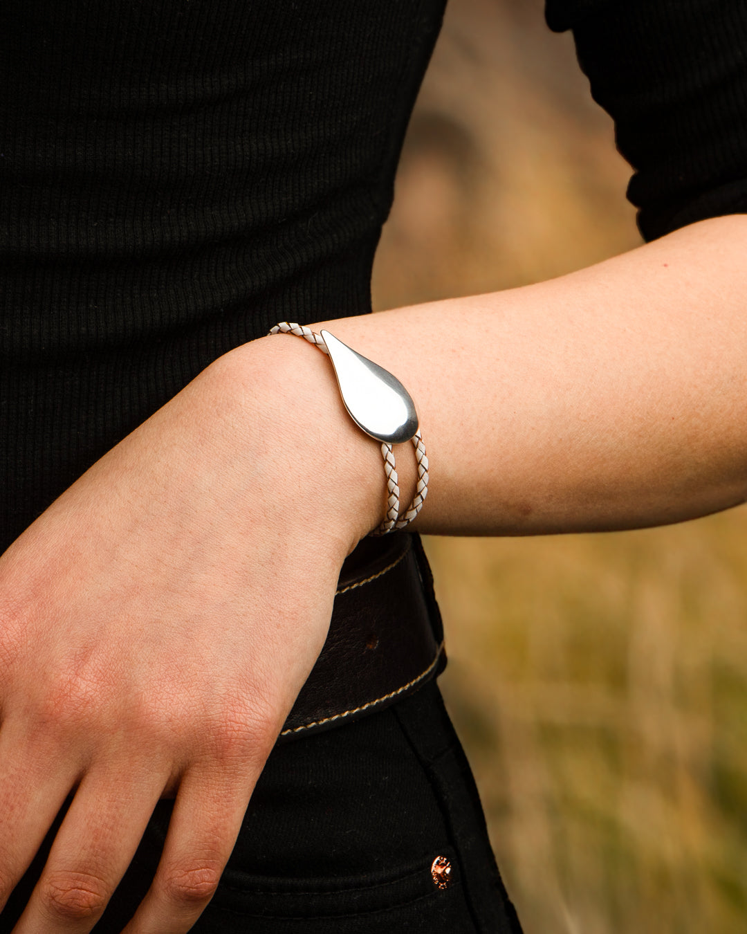 Tear of Freya Bracelet - Silver & White/Brown Leather